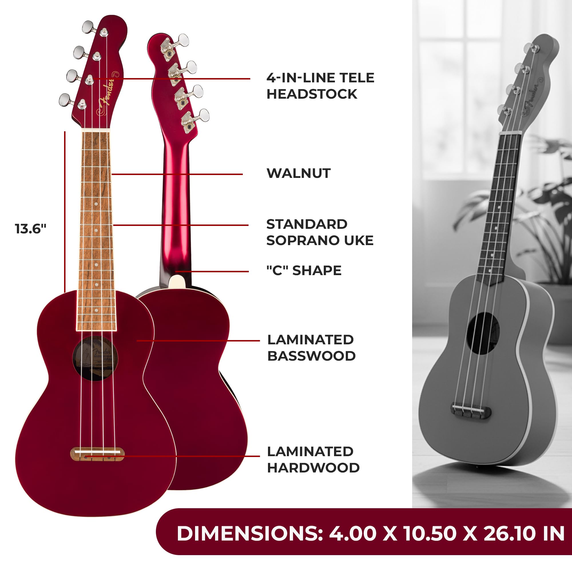 Amazon.com: Fender Monterey Concert Ukulele - Cherry Bundle with